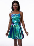 Women A Line Adjustable Straps Pleated Mini Overall Pinafore Dress Wet Look Clubwear Sexy Holographic Suspenders Dress