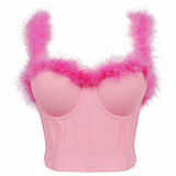 Winter Crop Tops Pink Faux Fur Camis Top With Built In Bra Sexy Off Shoulder Push Up Bralette