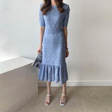 Elegant Hollow Out Women Knit Short Sleeve High Waist Bandage With Vest Midi Female Fashion Chic Dress