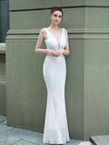Tulle Sequins Evening Dress Sexy V-neck Backless Sleeveless Floor-length Gold Mermaid Formal Party Dress
