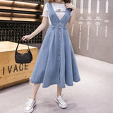 Denim Women Strap Long High Waisted Vintage Loose Pleated Blue Club Streetwear Cotton Harajuku Jean Skirt