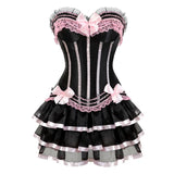 Women Sexy Striped Corset Dress Satin Bow Lace Waist Cincher Corset Bustier Lingerie Top With Mesh Mini Tutu Skirt Set Plus Size