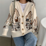 Autumn Women Vintage Long Sleeve Cartoon embroidery Sweater Coat Casual Knitted Cardigans