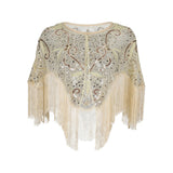 Women 1920s Flapper Embroidery Fringe Shawl Cover Up Gatsby Party Beaded Sequin Cape Vintage Mesh Scraf Wraps for Dresses