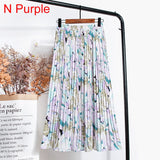 High Waist Floral Print Mid Calf Long Pleated Women Summer Vintage Elegant Chiffon Midi Skirt