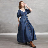 Spring Women Denim Sexy Long Single-breasted V-Neck Lace-up A-Line High Waist Vintage Dress