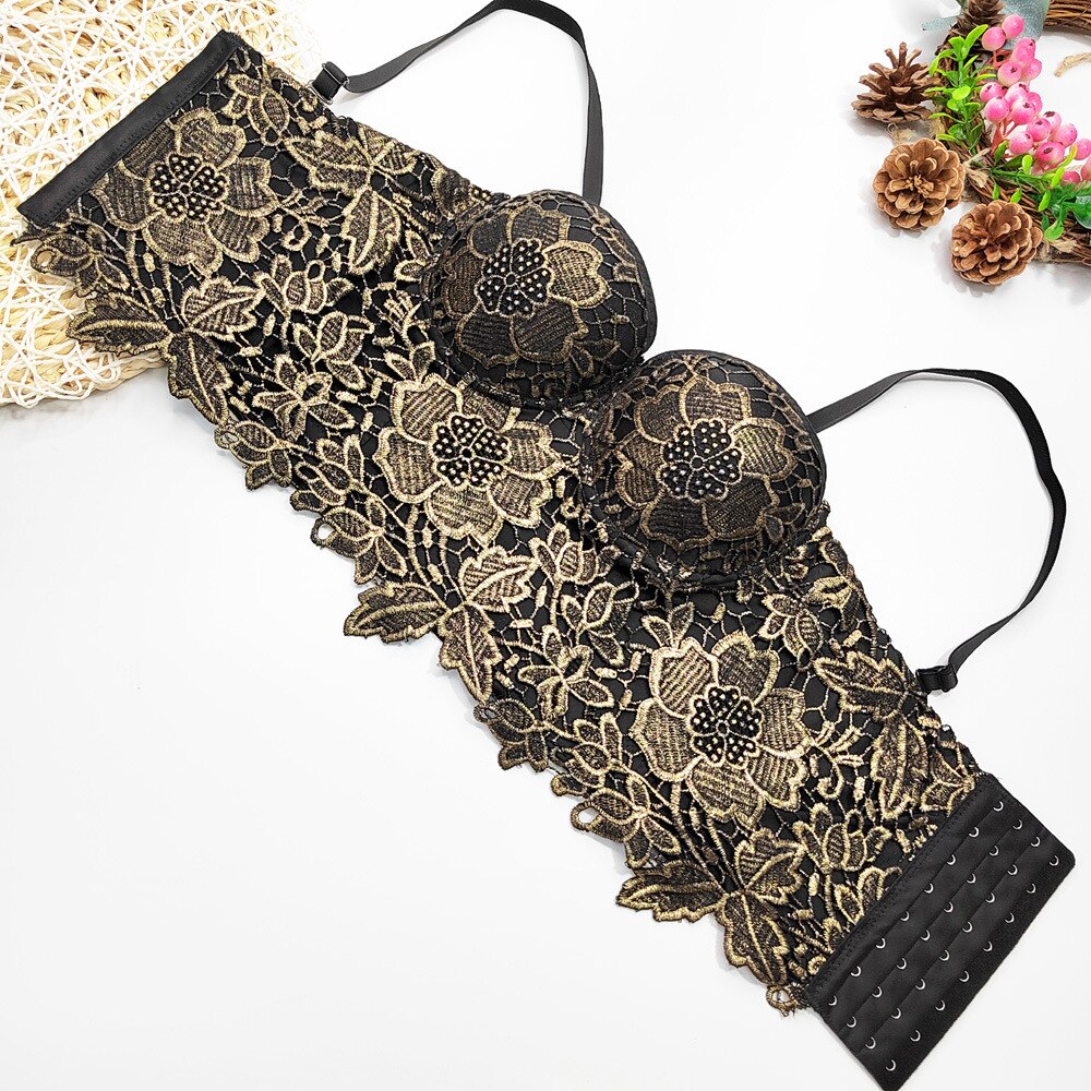 Crop Top Bronzing Lace Sexy Corset Party Cups Short Off Shoulder Women Camis Cropped Built In Bra