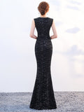 Formal Evening Dress Mermaid O Neck Sleeveless Long Party Gowns Robe Soiree Elegant Red Gold Black New Sequins Dress