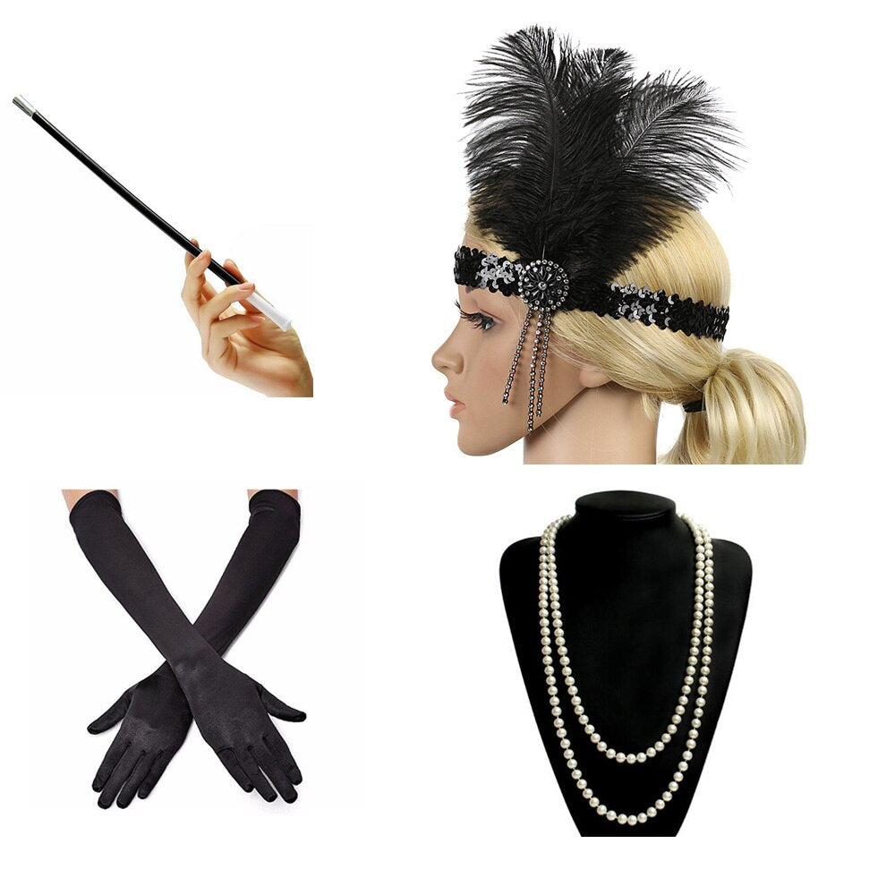 4 Pcs/Set 1920s Great Gatsby Party Costume Accessories Set 20s Flapper Feather Headband Pearl Necklace Gloves Cigarette Holder