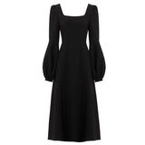 2021 Spring Women Black Retro Split Dress Elegant Midi Designer Dress Female Long Sleeve Hepburn Style Chiffon Vintage Dress