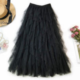 Vintage Boho Tulle Summer Long Maxi Pleated Skirt Elastic High Waist Ruffle A-line Skirt