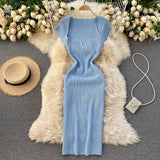 Spring Summer Short Cap Sleeve Knitted Sexy Bodycon Dress Back Slit Square Neck Casual Vintage Elegant Midi Dress