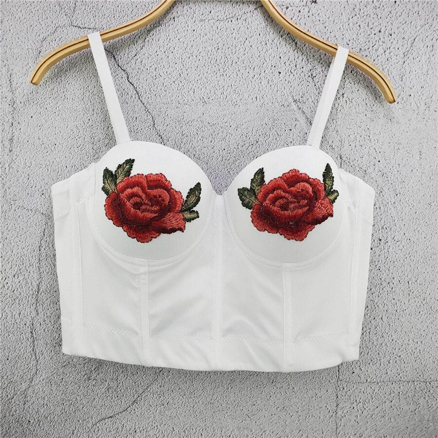 Sexy Crop Top With Built In Bra Full Cup Floral Embroidered Top Fairy Women Off Shoulder Slim Camis Push Up Bralette