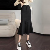 Women High Waist Mermaid Spring Korean Style All-match Black Slim Ladies Elegant Long Skirt