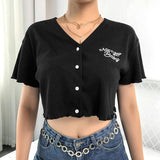 2021 Embroidery Letter Black Woman Tshirts Top Summer V-neck Short Sleeve Crop Top T Shirt Harajuku Casual Loose Tee Shirt