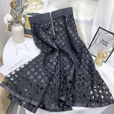 Woman Elegant Midi Skirt Office Lady Zipper A Line Hollow Out Lace Elastic High Waist Skirts