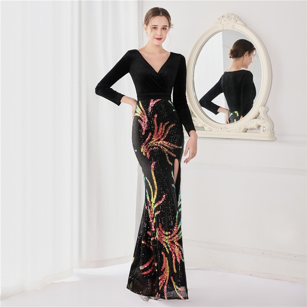 New Elegant Velvet Long Sleeve V-Neck Floor Length Evening Dress Sexy Hight Slit Sequin Party Maxi Dress Vestidos