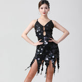 Shiny Women Latin Dance Dress Costumes Asymmetric Motel Sequin Fringe Coins Keyhole Lace-Up Back Bandage Mini Short Dress