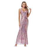 V Neck V Back Sleeveless Sequins Evening Dress Mermaid Party Women Formal Occasion Floor Length Gown