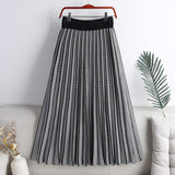 Women Elastic High Waist Winter Pleated Skirts Casual Geometric Knitted Midi Long Skirt