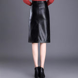 PU Leather Women Office Pencil Elegant Autumn High Waist Black Korean Style Knee Length Leather Skirt