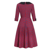 V Neck Wrap Double Breasted High Waist Tartan Vintage Autumn 3/4 Length Sleeve Elegant Plaid Dress