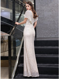 Elegant Flounce V-neck Sequins Formal Occasion Dress Short-Sleeve Mermaid Robe Silver Long Gowns
