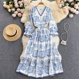 Party V Neck Flare Sleeve Lace Trim Boho Blue And White Floral Vintage Midi Dress