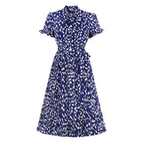 Bohemian Vintage Style Floral Summer Elegant Midi Dress 2021 Women Tie Neck Button Up Short Sleeve Pleated Dresses with Belt