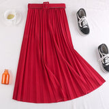 Korean Fashion Pleated Long A-Line Women Elegant Elastic High Waist Autumn Skirt With Belt