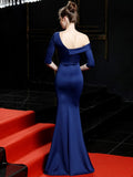 Navy Blue One Shoulder Half Sleeves Sexy Evening Party Dress Mermaid Robe De Soriee Stretches Fabric Prom Gown