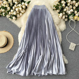 High Waist Long Women Elegant Office Lady Metallic Satin Maxi Pleated Skirt