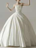 Satin Style Tuxedo Bride Slim Strapless Women Simple Wedding Dress Pleated White Vestido De Noiva Robe