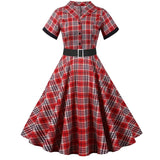 Notched Collar Plaid Print 50s Vintage Dress With Belt 2021 Summer Women Casual Slim Party Jurken Elegant Short Sleeve Clothing