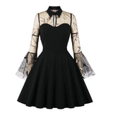 New S-4XL Women Gothic Sexy Midi Tunic Dress Autumn Black Mesh Patchwork See Through Flare Sleeve Drapped Solid Party Dresses