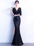 Handmade Beads V Back V Neck Mermaid Tulle Sequin Embroidery Party Gown Half Sleeve Celebrity Dress