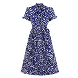 2021 Tie Neck Vintage Print Button Up Elegant Women Pleated Midi Dress Ruffle Short Sleeve High Waist Belted Casual Dresses