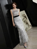Silver Sequined Fringe Evening Dress Sleeveless Prom Gown Elegant Formal Dress For Occasion O-neck Long Robe