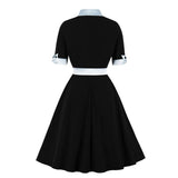 1950s Blue Black Women Patchwork Work Short Sleeve Robe Pin Up Swing Vintage 50s 60s Retro Dresses
