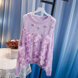 Women Long Sleeve O-Neck Thin Beading Sweet Floral Sweater Pullovers Streetwear