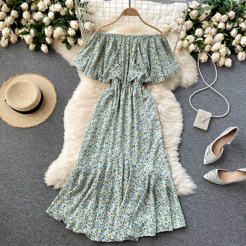 Vintage Floral Print Midi Dress Elegant Ruffle Off Shoulder Dress Beach Dresses