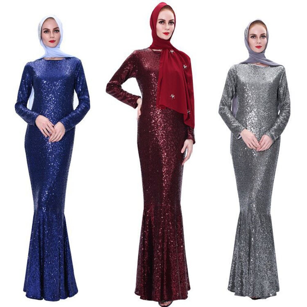 Ramadan Sequins Dress Arab Slim Muslim Dress Floor-Length Prom Gowns Robe De Soriee Full-Sleeve Mermaid O-neck Vestios