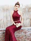 Women Sequined Party Long Halter Sleeveless Mermaid Evening Dress Ladies Solid Sexy Robes Elegant Formal Gown