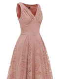 V-Neck High Waist Vintage Clothes Women Pink Lace Pleated Midi Dress Sleeveless Summer Elegant Party Ladies Dresses