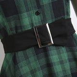 England 50s Style Vintage Green Plaid Pinup Swing Dresses for Women Button Up Short Sleeve Belted Elegant A Line Retro Dress