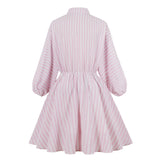 1950s Elegant Pink Striped Long Sleeve Drawstring Button Shirt Blouse Casual Dress