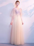 O-neck Applique embroidery Evening Dress Tulle A-line Prom Dress Short Sleeve Champagne Vestido