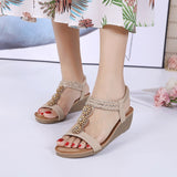 Summer Women Flower Rhinestone Elastic Band Soft Roman Non-Slip Gladiator Wedges Sandals