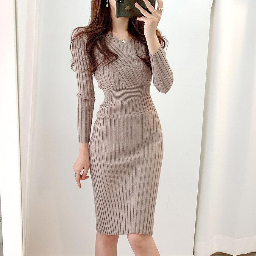 Women V Neck Long Sleeve Casual Knitted Solid Midi Dress Elegant Ribbed Bodycon Dress