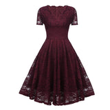 V-Neck High Waist Lace Elegant Party Night Midi Short Sleeve Vintage Style Pleated Swing Dress